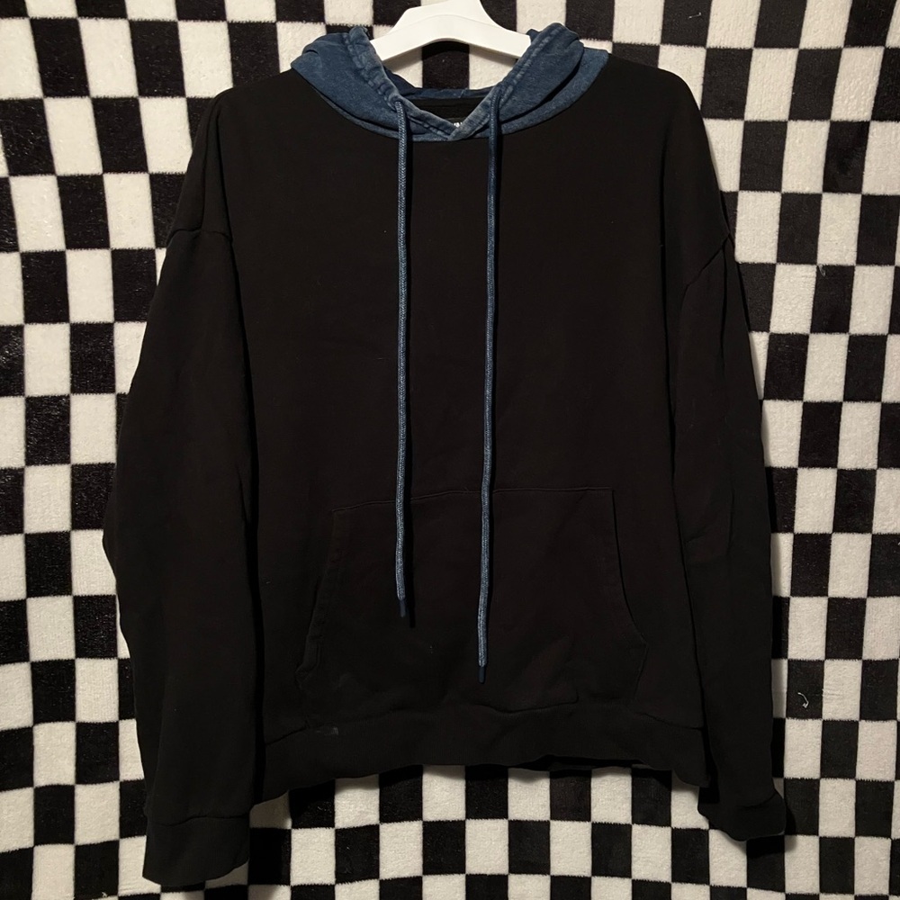 Nova Men's Black Hoodie Sweater Blue Denim Hood Size XL